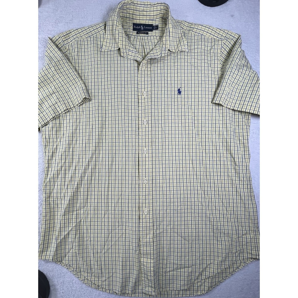 Ralph Lauren Classic Fit Shirt Mens Large Yellow Blue Plaid Cotton